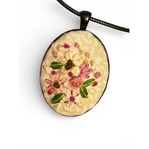 Embroidered Pink Botanical Cameo ~ Necklace with Flowers